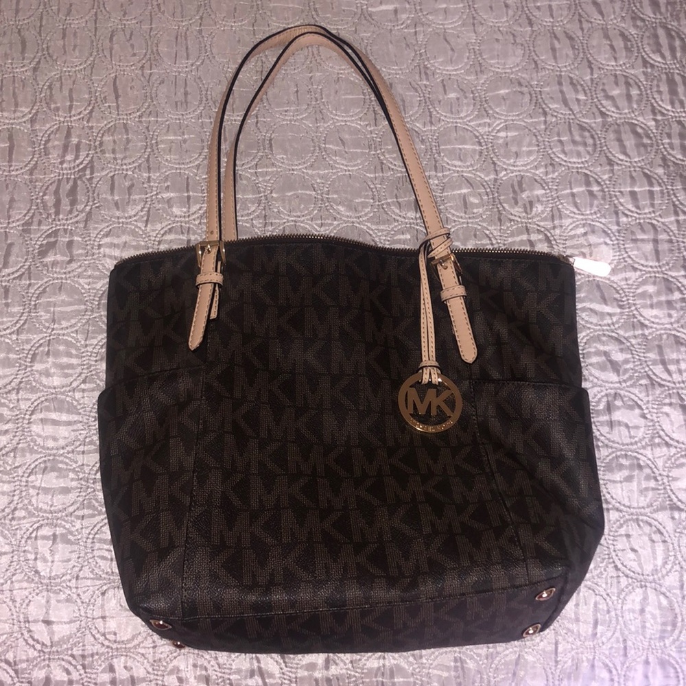 Brown Micheal Kors Large Logo and Leather Top-Zip Tote Bag
